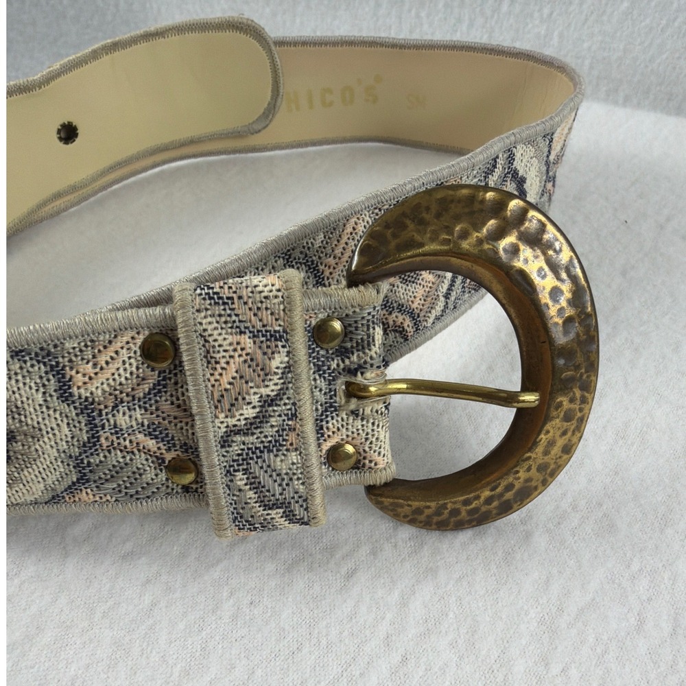 Chicos Womens Tapestry Belt Small Genuine Leather Hammered Brass Buckle Boho